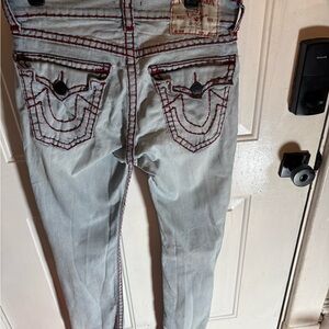 True Religion Light Denim Jeans with Bold Red Stitching